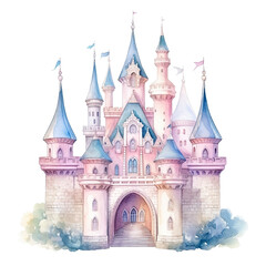 Fairy tales of a magic castle in watercolor painting. A magical castle in pastel color. Historical imagination monument and memorial. Illustration isolated on a white background.