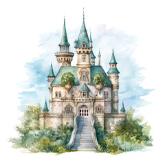 Fairy tales of a magic castle in watercolor painting. A magical castle in pastel color. Historical imagination monument and memorial. Illustration isolated on a white background.