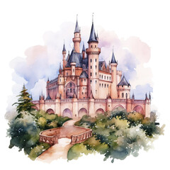 Fairy Tales watercolor painting. castle in pastel color.