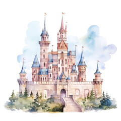 Fototapeta premium Fairy Tales watercolor painting. castle in pastel color.
