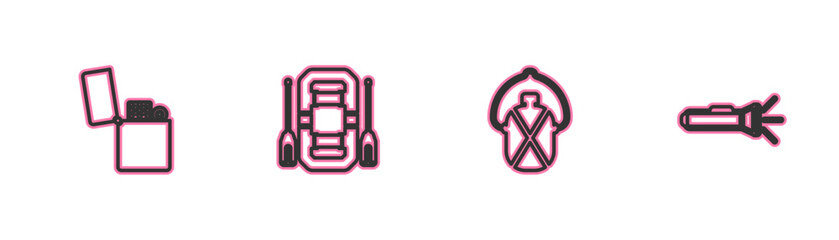 Set line Lighter, Canteen water bottle, Rafting boat and Flashlight icon. Vector