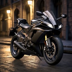 Fototapeta premium Vertical shot of a Yamaha R6 sports motorcycle parked on a pavement in Melbourne, Australia
