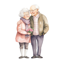 Portrait of senior couple of old people. Aged man and woman standing together. watercolor illustration of retired gray-haired grandmother and grandfather. Two elderly people clipart