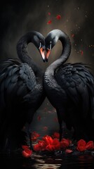 Fototapeta premium Romantic swan couple with heart shapes on Valentine's Day