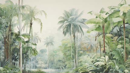 A painting of a tropical forest with palm trees