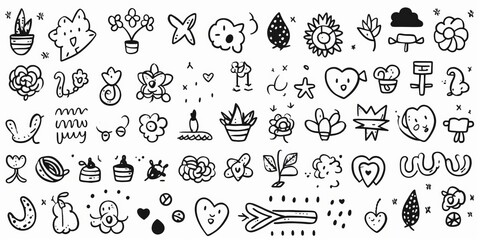Set of cute pen line doodle element . Hand drawn doodle style collection of heart, arrows, scribble, flower, rocket, star, butterfly, words. Design for print, cartoon, card, decoration, Generative AI