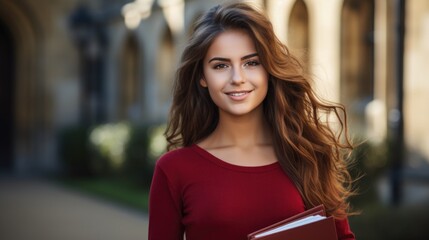 Beautiful india girl student stands near Oxford University, wearing red shirt, happy young brunette woman holding books