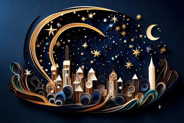 Celestial Skyline with a crescent moon and constellations, utilizing metallic and dark-colored paper for a celestial effect.
