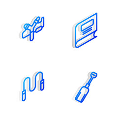 Set Isometric line Book, Slingshot, Jump rope and Shovel toy icon. Vector
