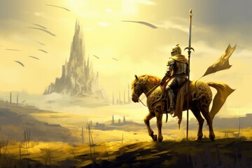 Digital illustration painting design style a golden knight and his horse walking to field of swords, Generative AI - obrazy, fototapety, plakaty