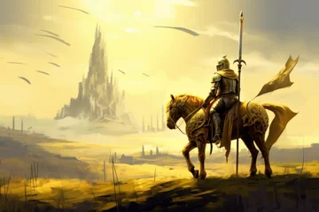 Fotobehang Digital illustration painting design style a golden knight and his horse walking to field of swords, Generative AI © Media Masterpieces