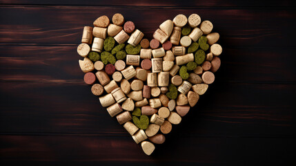 A heart made out of wine corks on a table top