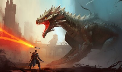 Digital illustration painting design style a dragon slayer fighting with boss of dragon in video game, against ruins city, Generative AI - obrazy, fototapety, plakaty