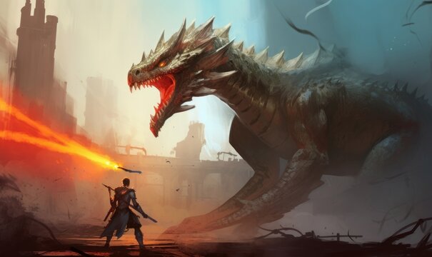 Digital illustration painting design style a dragon slayer fighting with boss of dragon in video game, against ruins city, Generative AI