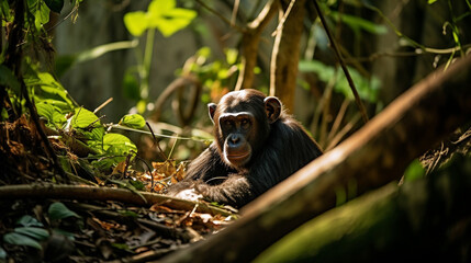 Chimpanzee in the forest. Chimp in the protected Kibale forest. generative ai