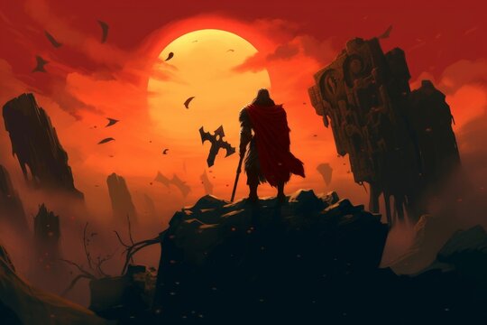 Digital illustration painting design style a soul slayer and weapons is stand on ruins, against armageddon, Generative AI