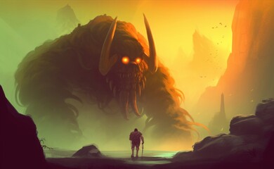 Digital illustration painting design style a giant creature in mystery place , against mist and sunrise, Generative AI