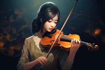 Digital illustration painting design style Asian girl is playing violin in the dark, Generative AI