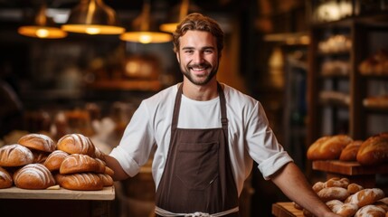Photo of Happy baker standing near tray with bread at the bakery