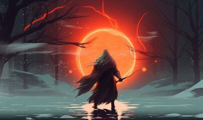 Digital illustration painting design style a sorcerer spelling lightning against the blood moon, Generative AI - obrazy, fototapety, plakaty