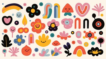 Set of abstract retro organic shapes . Collection of contemporary figure, arrow, sparkle, flower in 70s groovy style. Cute hippie design element, Generative AI