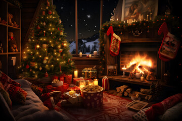 Obraz premium christmas night with christmas tree, fireplace, candles and decorations