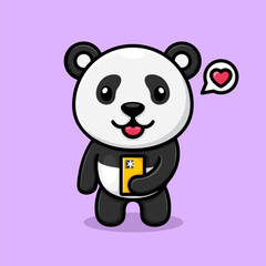 cute cartoon panda, taking a photo with a cell phone.