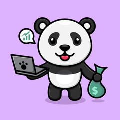 cute cartoon panda, carrying a laptop and a bag of money.