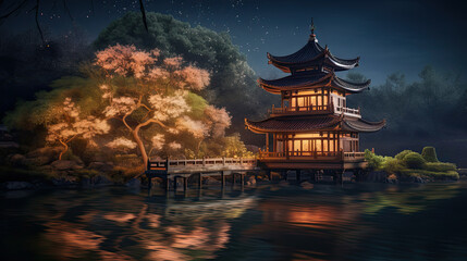 scenic chinese pagoda at night - obrazy, fototapety, plakaty