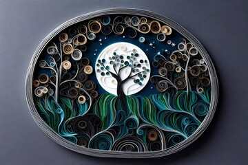 Trees with silver coils and a serene moon in the background evoke a sense of mystery and wonder, making it a captivating piece for nature enthusiasts.