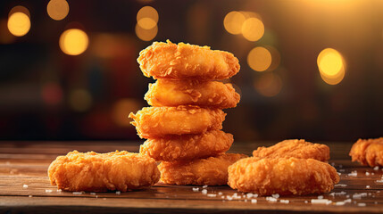 stacked fried chicken nuggets on wooden board - obrazy, fototapety, plakaty