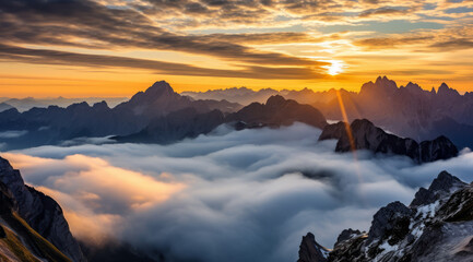 The sun bursts over the horizon, lighting up the alpine peaks.