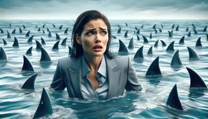 Overwhelmed professional amidst metaphorical sharks in business - obrazy, fototapety, plakaty