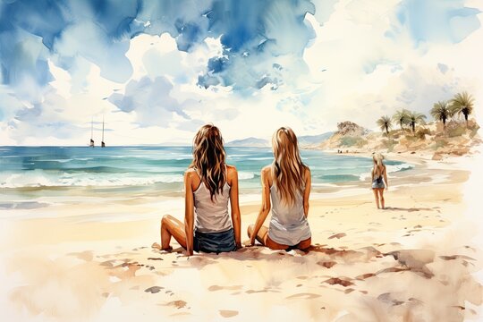 Women enjoying tranquil views on a sandy beach