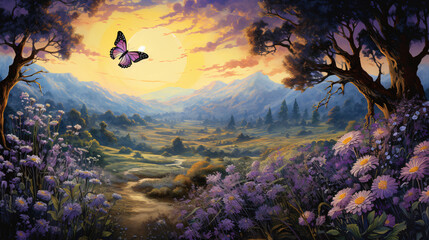 Obraz na płótnie Canvas A painting of a field of purple flowers