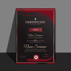 A  certificate with vector clean style black and maroon color modern certificate card template