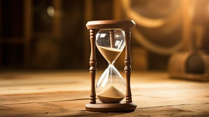 A brown wooden hourglass with running sand as a sign of time running out on a brown wooden table with AI - obrazy, fototapety, plakaty