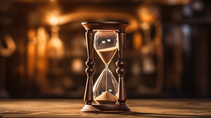A brown wooden hourglass with running sand as a sign of time running out on a brown wooden table with AI - obrazy, fototapety, plakaty
