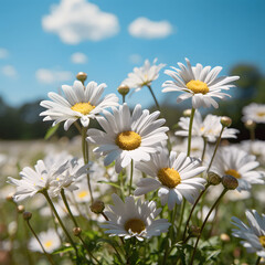 Vivid White Daisies Under Blue Sky, Spring Arrival