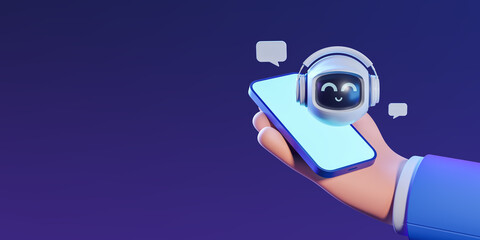 Cartoon hand with phone, smiling robot with speech bubble. Mockup screen - obrazy, fototapety, plakaty