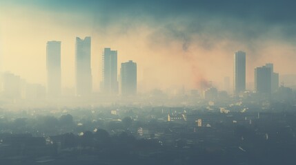 A hazy cityscape with visible smog over the skyline, obscuring tall buildings with AI