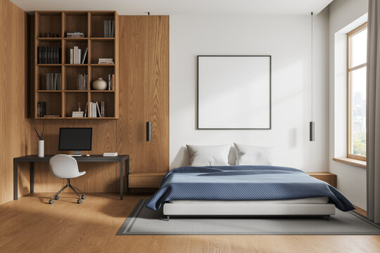 Stylish hotel bedroom interior bed and workplace, panoramic window. Mockup frame