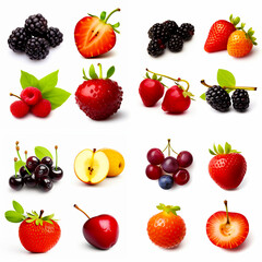 various berries on white background. Blackberry, apple, Currant, mulberry, Raspberry, Strawberry