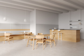 Fototapeta premium Stylish cafeteria interior with chairs and table, dining corner with bar counter