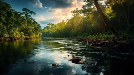 A meandering river in the Amazon rainforest, backlight photography with AI