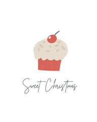 Cute winter Christmas New Year postcard with cute hand drawn doodle cherry cake, cupcake, pie. Cold winter season cover, template, banner, poster, print. Holiday seasonal background for kids