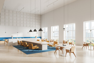 White restaurant interior with meeting and eating corner, panoramic window