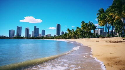 Obraz premium a beach with palm trees and a city in the background
