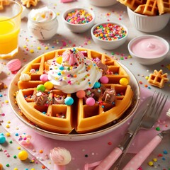 Birthday party waffles with youghurt and colorful sprinkles