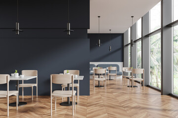 Panoramic gray cafeteria interior with sofa